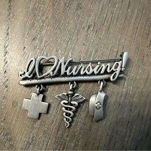 Nice JJ Jonette Brooch Silver Tone "I Love Nursing!" Cross Hat Pendants 2.5"